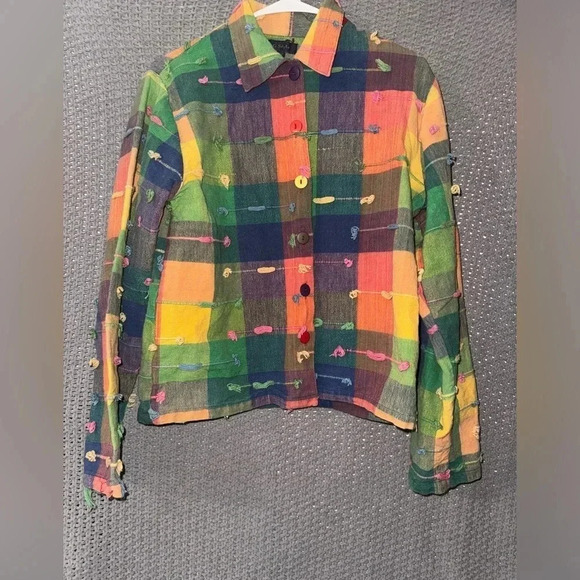 Lifestyle Bright Vintage Plaid Multicolored Jacket Tassels 80s True Vintage M - Picture 2 of 7